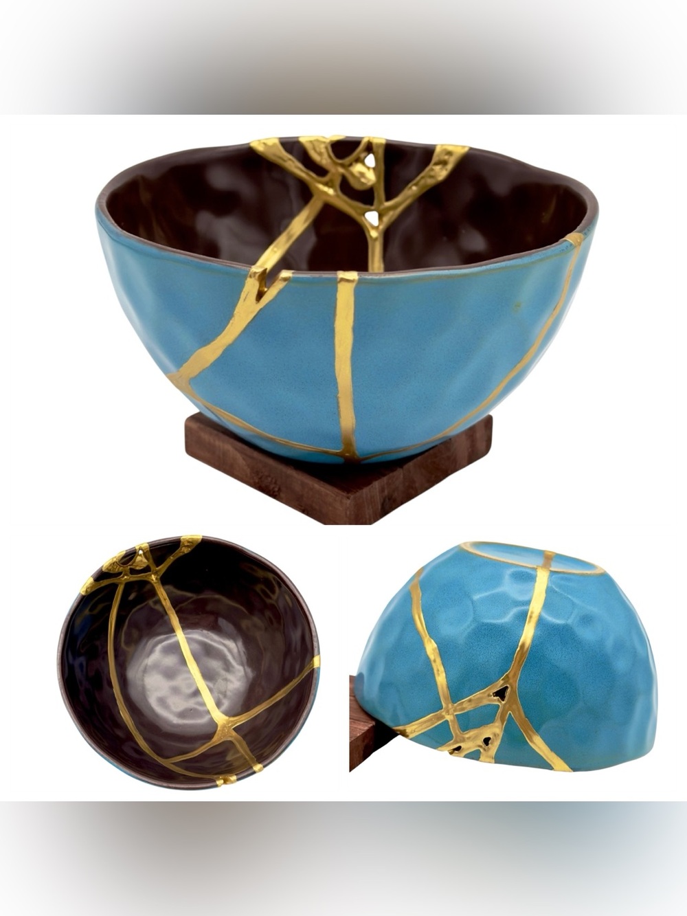 Kintsugi Bowl Honeycomb Blue And Brown Gold Crack Art Personal Growth Gift